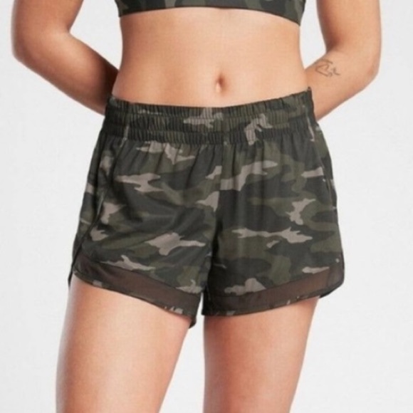 Athleta Pants - Athleta Printed Mesh Racer Run Short 4" Olive Camo